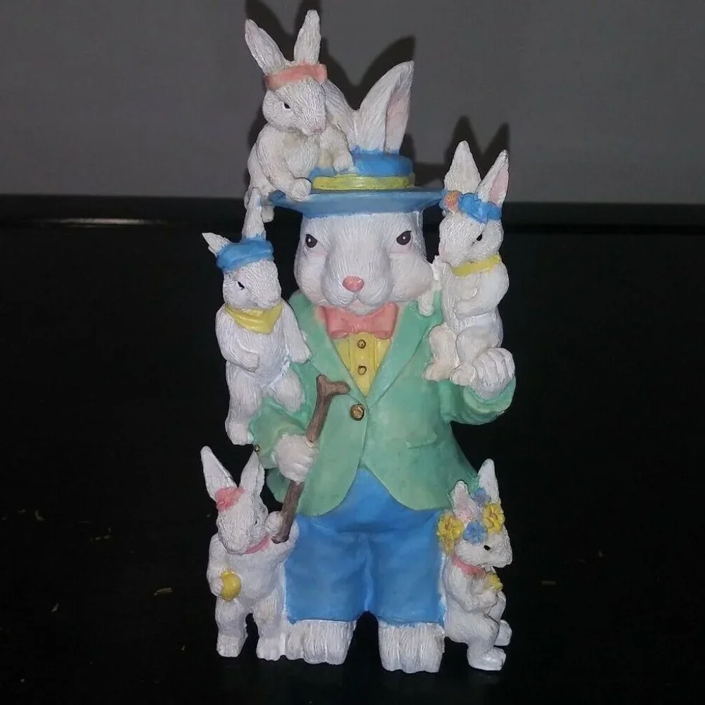 Easter Bunny Family Figurine STATUE 6 Rabbits Dad & kids Resin 7.5